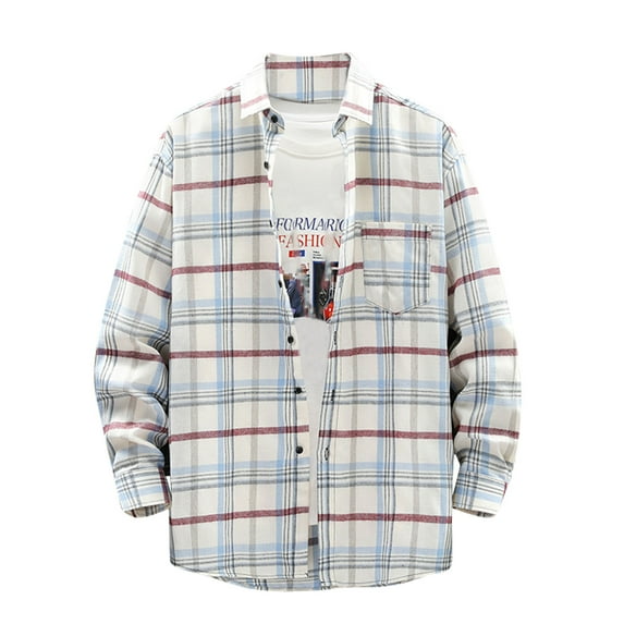 Ecqkame Men's Plaid Shirt Jacket Men's Plaid Shirt Loose Youth Long Sleeve Shirt Men's Casual Shirt Coat Long Sleeve Turndown Collar Blouse & Shirt White XL