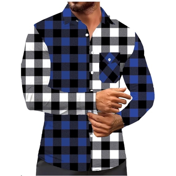 Ecqkame Men's Plaid Shirts Lapel Collar Long Sleeve Button-Up Lightweight Tops Casual Daily Versatile Shirt with Chest Pocket Blue L