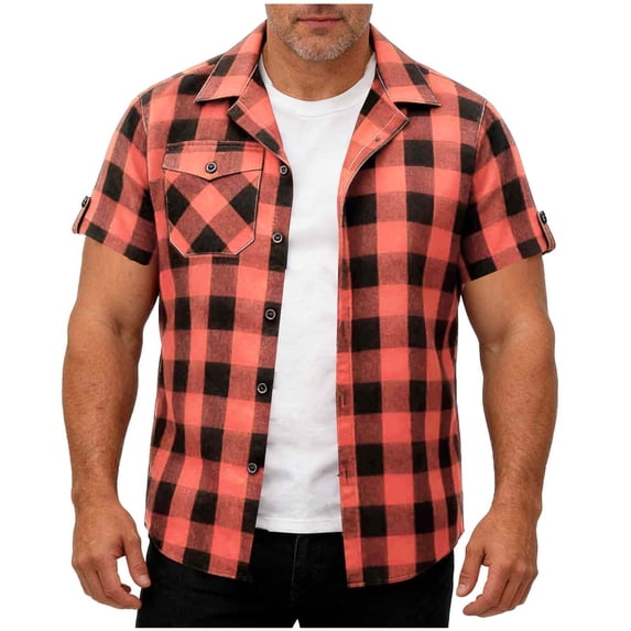 Ecqkame Men's Plaid Shirts Lapel Collar Short Sleeve Button-Up Lightweight Tops Casual Daily Versatile Shirt with Chest Pocket Orange S