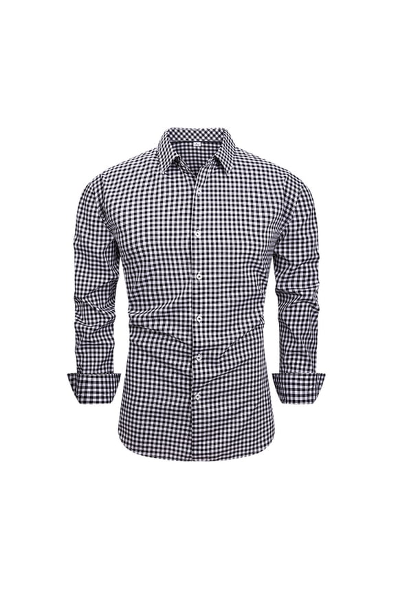 Men's Plaid Tops Long Sleeve Turndown Collar Shirts Regular Button Down Gingham Business Casual Shirts 01-Black L