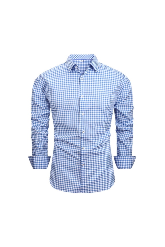 Men's Plaid Tops Long Sleeve Turndown Collar Shirts Regular Button Down Gingham Business Casual Shirts 01-Light Blue S