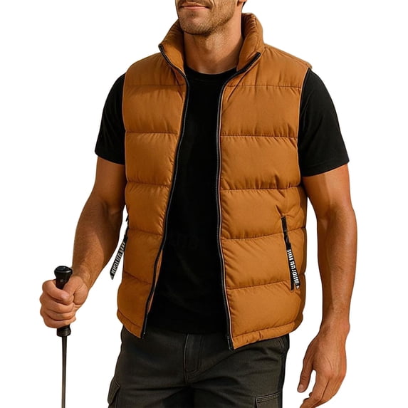 Ecqkame Men's Puffer Vests Lightweight Zip Up Sleeveless Outdoor Jackets Puffy Winter Warm Insulated Running Outerwear Yellow L
