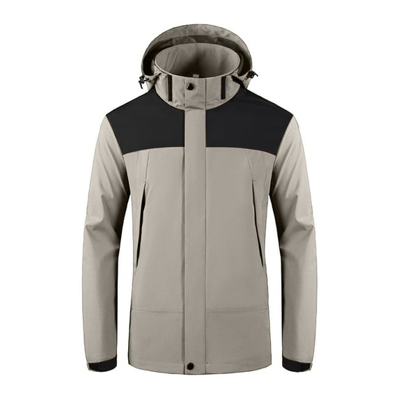 Ecqkame Men's Rain Jackets Casual Stylish Long Sleeve Hooded Zip Up Outwear Jackets with Zipper Pocket Windbreaker Jackets for Men B-Khaki XXXL on Clearance