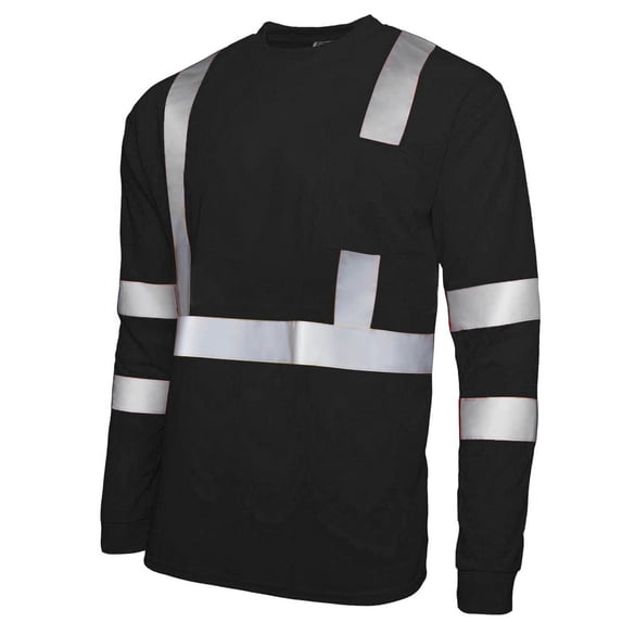 Ecqkame Men's Reflective Striped Tops High Visibility Safety Workwear Long Sleeve Shirts Breathable Mesh Crew Neck T-Shirt Black XL