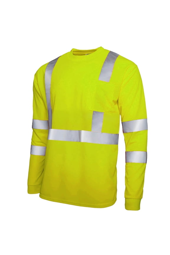 Men's Reflective Striped Tops High Visibility Safety Workwear Long Sleeve Shirts Breathable Mesh Crew Neck T-Shirt Yellow S