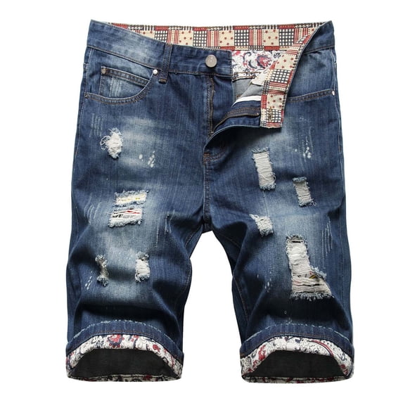 Ecqkame Men's Ripped Jean Shorts Distressed Straight Fit Denim Shorts Zipper Elastic Slim Casual Streetwear Shorts Blue XL