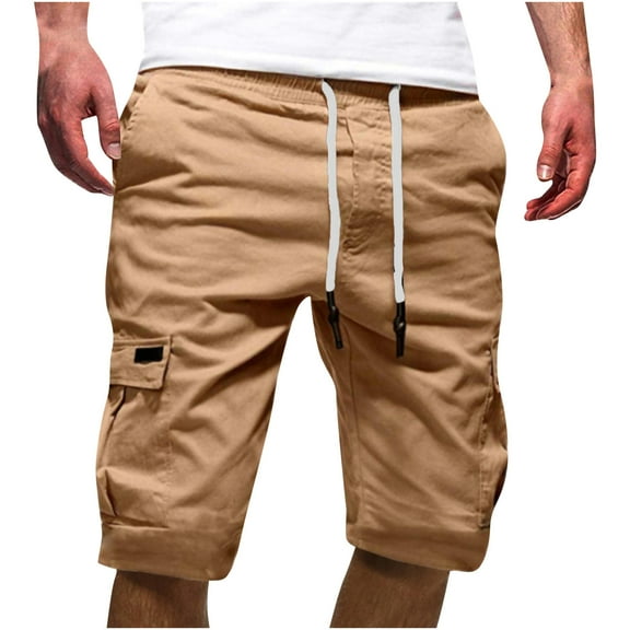 Ecqkame Men's Shorts Loose Casual Classic Drawstring Stretch Breathable Hiking Campping Shorts Mens Shorts Khaki L