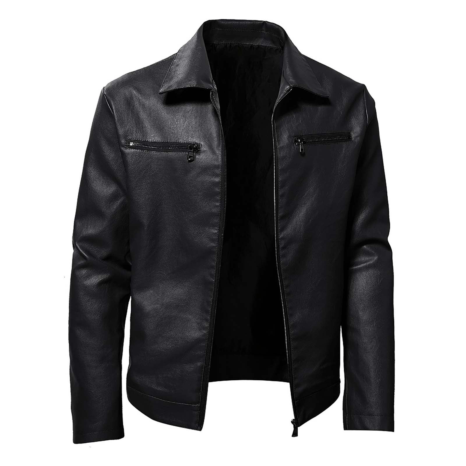 Ecqkame Men's Stand Collar Leather Jacket Men's Fashion Autumn Motorcycle Lightweight Faux Leather Outwear Casual Tops Coats Outwear Black M