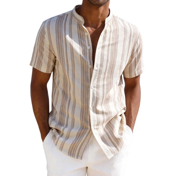 Ecqkame Men's Striped Print Shirts Turndown Collar Stretch Wrinkle Resistant Short Sleeve Button Down Dress Shirt Khaki XXL