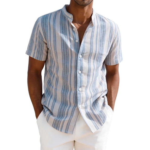 Ecqkame Men's Striped Print Shirts Turndown Collar Stretch Wrinkle Resistant Short Sleeve Button Down Dress Shirt Light Blue XXL