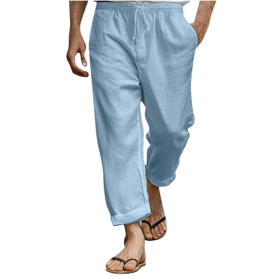 Ecqkame Men's Summer Baggy Pants Casual Loose Cotton Linen Capris Elastic Waist Drawstring Lightweight Pants with Pockets Light Blue XXL