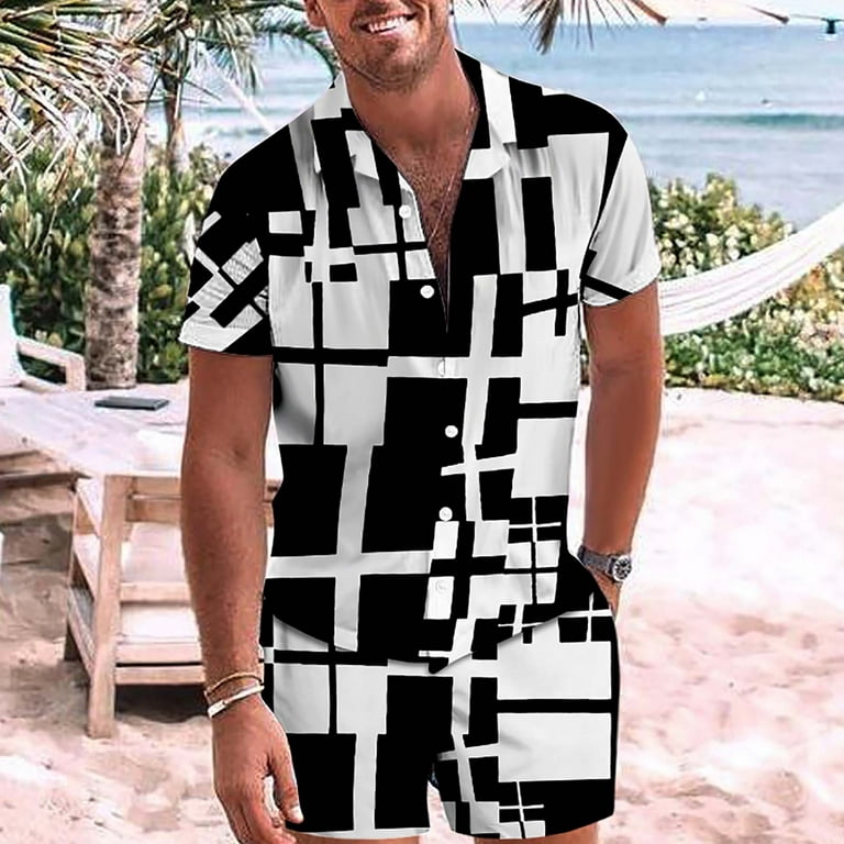 Ecqkame Men's Summer Beach 2 Piece Outfits Clearance Men's Fashion Short  Sleeve Shorts Two Piece Casual Shirt Suit Black XL