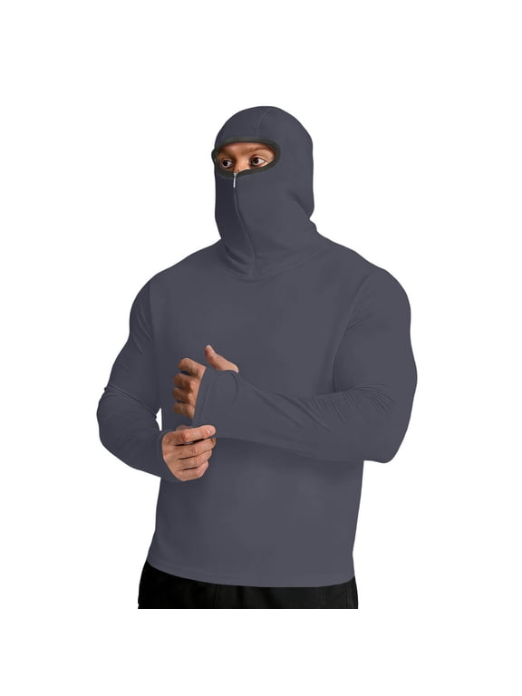 Men's Sun Protection Hooded Shirts Solid Color Upf 50+ Lightweight Breathable Outdoor Shirt with Face Mask Thumb Hole Cuffs Dark Gray XXL
