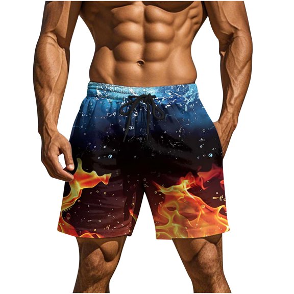 Ecqkame Men's Swim Shorts Casual Loose Flame Printing Loose Sports Shorts Fashion Elastic Waist Drawstring Beach Shorts Light Blue-A S