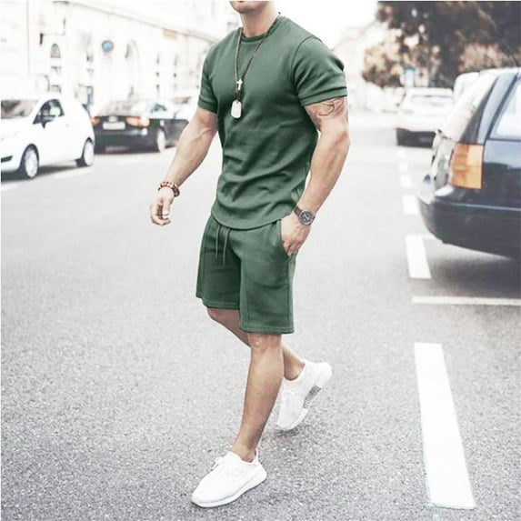Ecqkame Men's T-shirt Set Sportswear Clearance Men 2 Piece Casual Short Sleeve Tee Shirts And Fit Sport Shorts Set Green XXL