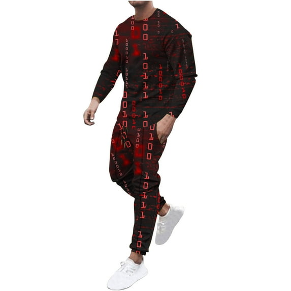 Ecqkame Men's Tracksuit Casual Sweatsuits Crew Neck Long Sleeve Colorful Print Shirt and Shorts 2 Piece Fall Outfit F-Red XXXXL on Clearance