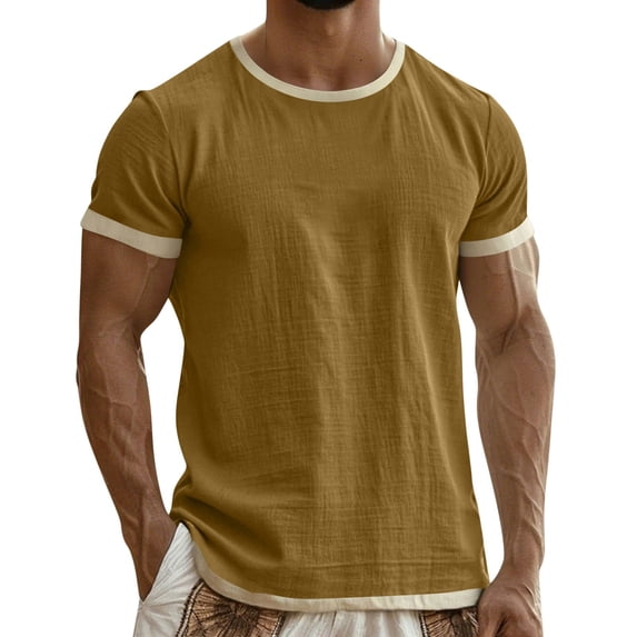 Ecqkame Men's Vintage Linen T-Shirts Casual Loose Short Sleeve Crew Neck Tops Summer Lightweight Breathable Daily Athletic Shirt Coffee M