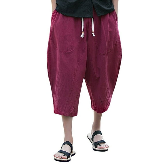 Ecqkame Mens Capri Long Shorts Harem Pants Clearance Men's Casual Slim Sports Pants Calf-Length Linen Trousers Baggy Harem Pants Wine Red 3XL