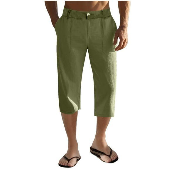Ecqkame Mens Capris Pants Casual Elastic Waist Drawstring Breathable Trousers with Pockets Solid Color Lightweight Pants Army Green L