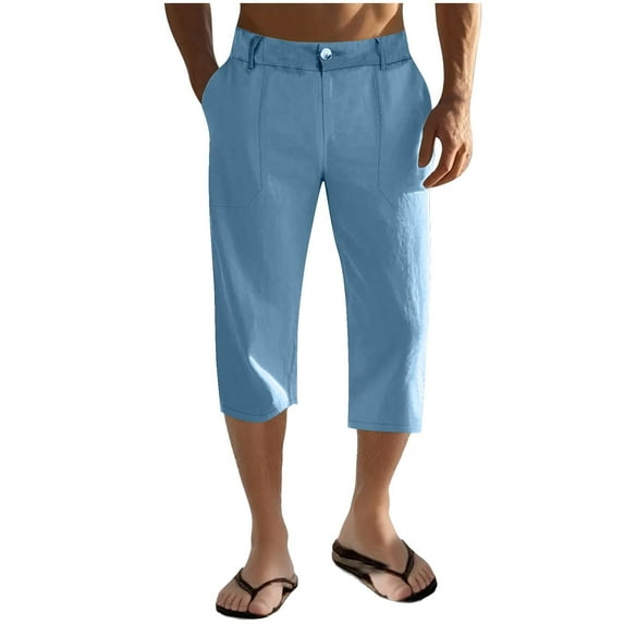 Ecqkame Mens Capris Pants Casual Elastic Waist Drawstring Breathable Trousers with Pockets Solid Color Lightweight Pants Sky Blue XL