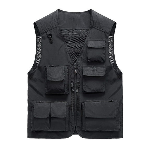 Ecqkame Mens Cargo Waistcoat Casual Stand Collar Solid Color Outdoor Coat Photography Workout Jacket with Multiple Pockets K-Black L