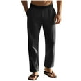 thumbnail image 1 of Ecqkame Mens Casual Cotton Linen Pants Elastic Waist Lightweight Straight-Legs Pants Loose Fashion Beach Long Trousers 02-Black L, 1 of 8