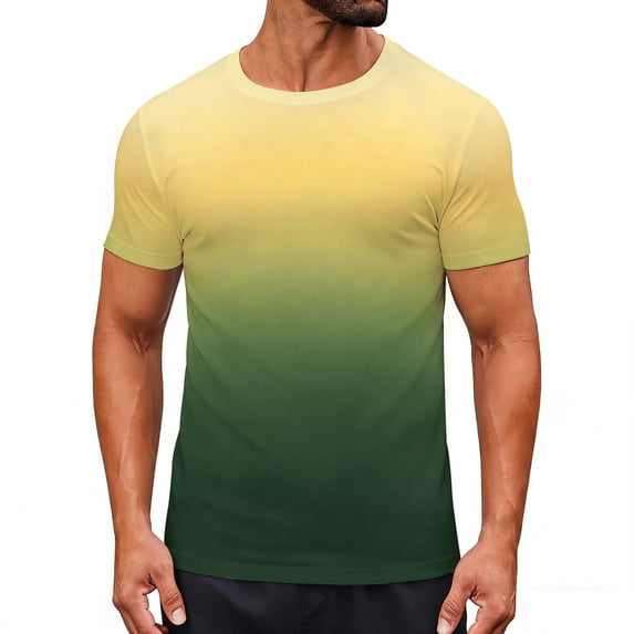 Ecqkame Mens Casual Sports T-Shirts Gradient Color Round Neck Short Sleeved Vintage Tops Outdoor Joggers Muscle Shirt Yellow M