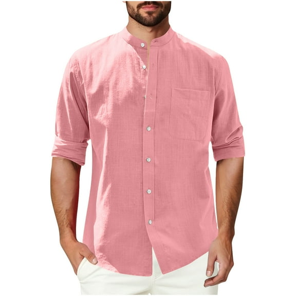 Ecqkame Mens Casual Tops Button Down Long Sleeve Cotton Beach Shirt Summer Fashionable Business Shirts with Pockets 01-Pink M