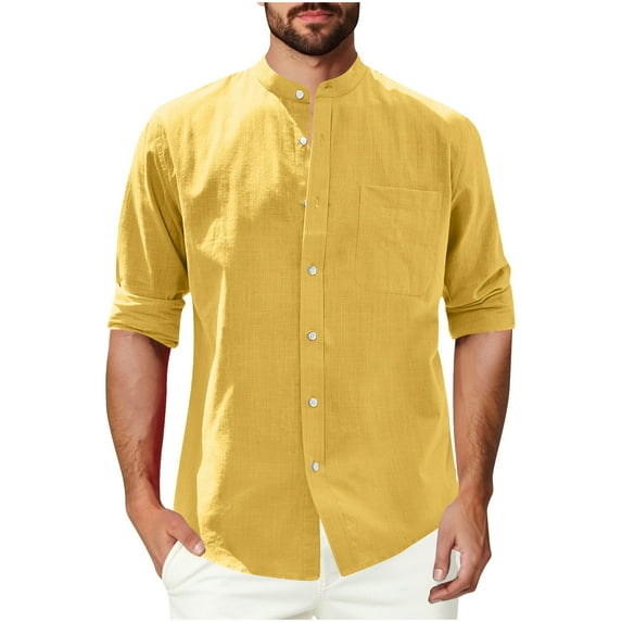 Ecqkame Mens Casual Tops Button Down Long Sleeve Cotton Beach Shirt Summer Fashionable Business Shirts with Pockets 01-Yellow S