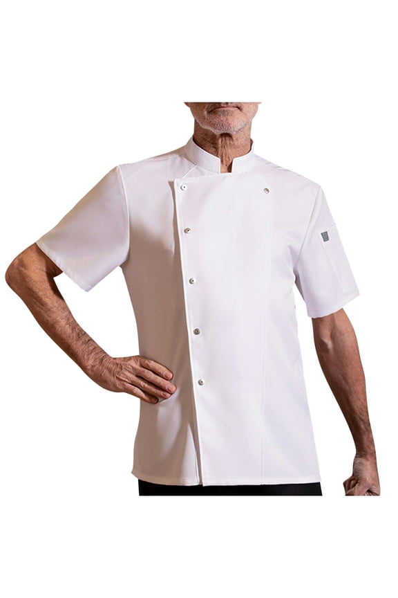 Mens Chef Shirts Solid Color Button Down Breathable Work Tops Short Sleeve Stand Up Collar Lightweight Shirt White M