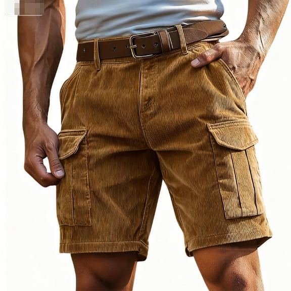 Ecqkame Mens Corduroy Cargo Shorts Casual Elastic Waist Drawstring Solid Knee Length Pants Straight Outdoor Sports Shorts with Pockets Khaki M