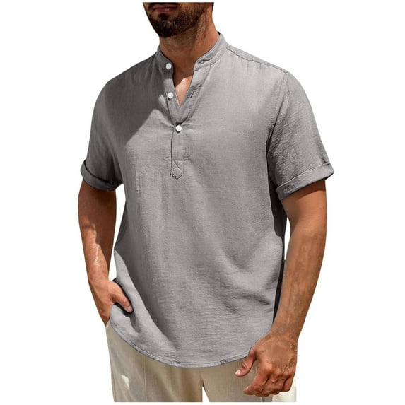 Ecqkame Mens Cotton Linen Short Sleeve Shirts Solid Color Lightweight Button Beach Tops Turndown Collar Summer T Shirt Gray XXXXL