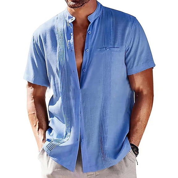 Ecqkame Mens Cotton Linen Short Sleeve Shirts Solid Color Lightweight Button Beach Tops Turndown Collar Summer T Shirt Light Blue XXL