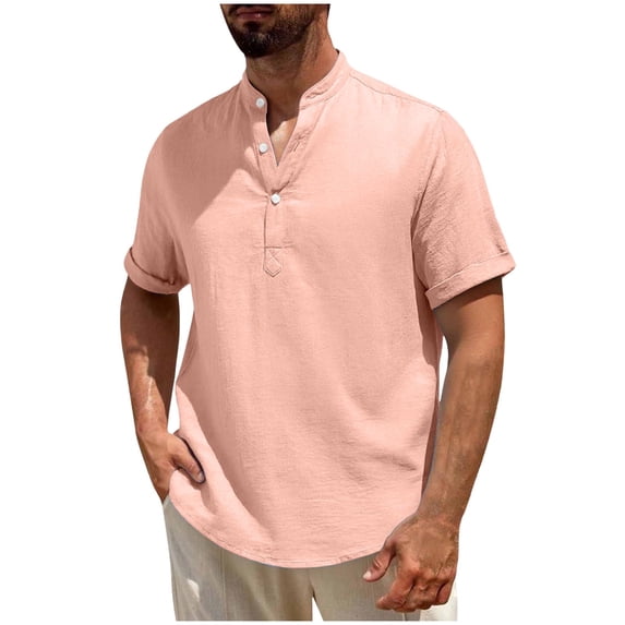 Ecqkame Mens Cotton Linen Short Sleeve Shirts Solid Color Lightweight Button Beach Tops Turndown Collar Summer T Shirt Pink XXXXXL
