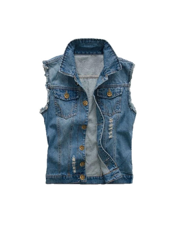 Mens Denim Vests Solid Color Lapel Sleeveless Button Down Casual Jean Jackets Trendy Daily Versatile Street Pocket Outerwear Blue XXXL
