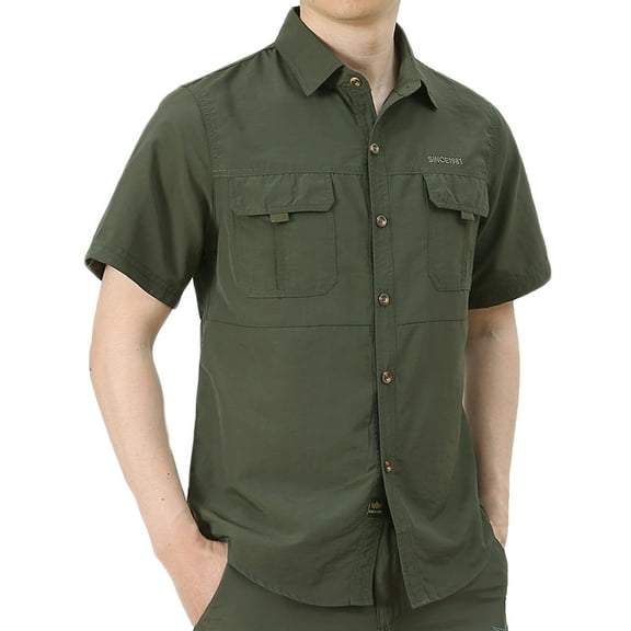 Ecqkame Mens Fashionable Vintage Tops Short Sleeve Turndown Collar Solid Color Regular Shirt Casual Button Down Businss Shirts with Pocket 01-Army Green M