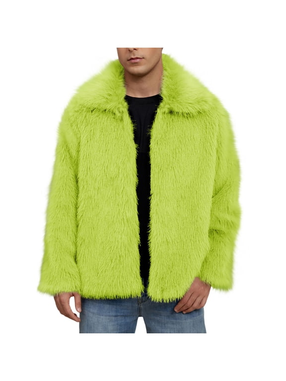 Mens Faux Fur Jackets Long Sleeve Turn Down Collar Zip Furry Coat Winter Warm Comfortable Cardigans Fashion Outerwear Green S