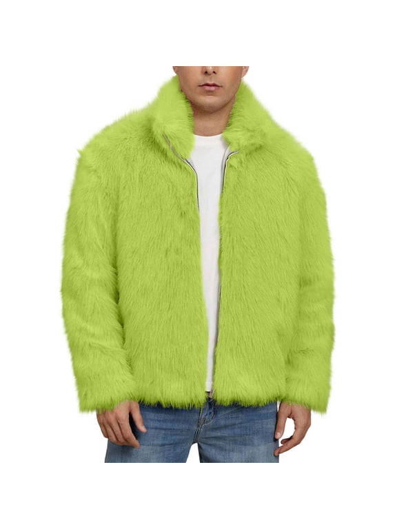 Mens Faux Fur Jackets Long Sleeve Turn Down Collar Zip Furry Coat Winter Warm Comfortable Cardigans Fashion Outerwear Green XXL