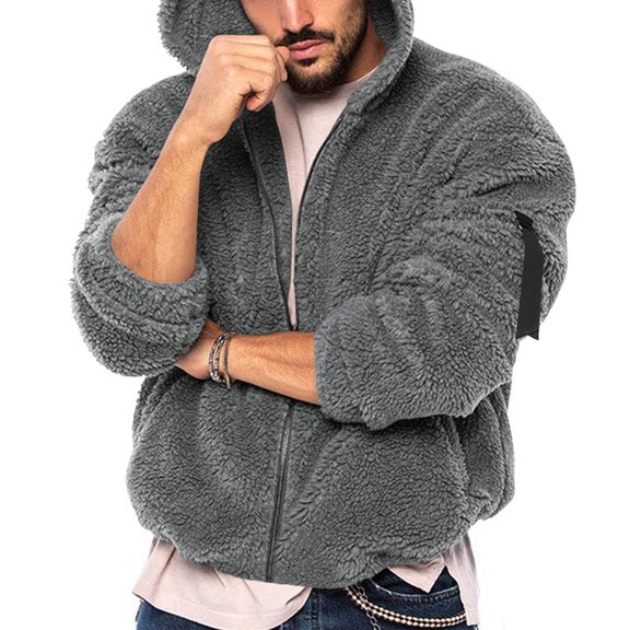Ecqkame Mens Fuzzy Sherpa Jacket CardiganPullover Sweater Stand Collar Elastic Solid Color Half Sweater For Men Stand-up Collar Sweater Dark Gray S