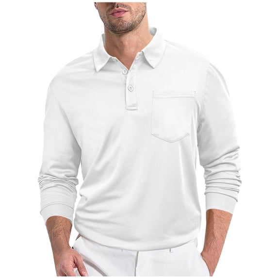 Ecqkame Mens Golf Shirts Solid Color Casual Loose Button Pocket Long Sleeve Tops Turndown Collar Daily Versatile Shirt White XXXL