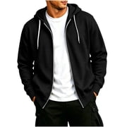 Ecqkame Mens Hooded Fleece Jacket Full Zip Long Sleeve Side Pockets Regular Fit Casual Daily Versatile Fall Winter Outerwear Black L