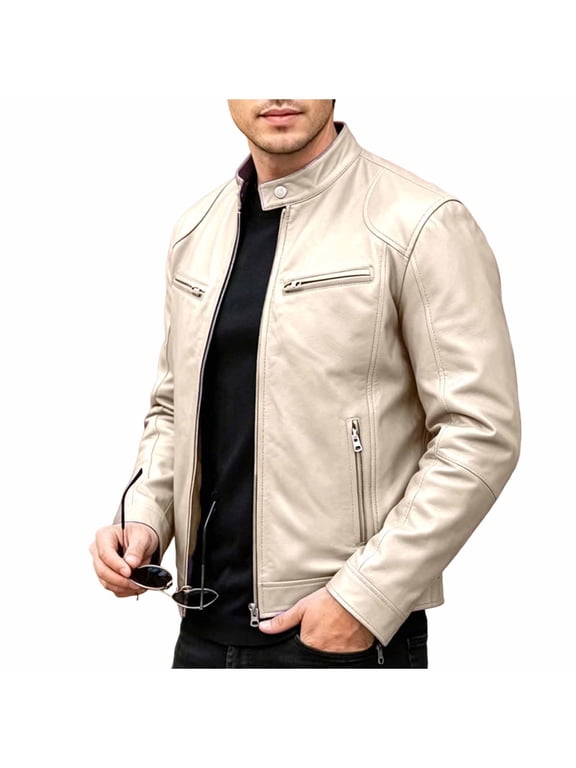 Mens Leather Jackets Vintage Lapel Pu Zip Up Fit Bomber Jacket Casual Everyday Versatile Street Outerwear Beige S