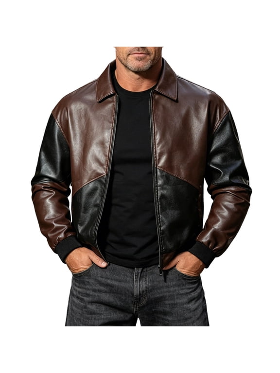 Mens Leather Jackets Vintage Lapel Pu Zip Up Fit Bomber Jacket Casual Everyday Versatile Street Outerwear Brown S