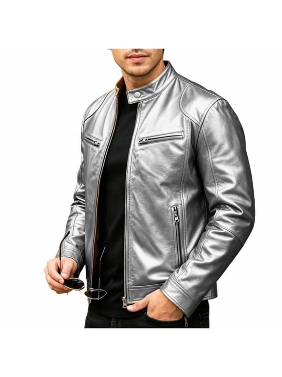 Mens Leather Jackets Vintage Lapel Pu Zip Up Fit Bomber Jacket Casual Everyday Versatile Street Outerwear Silver XL