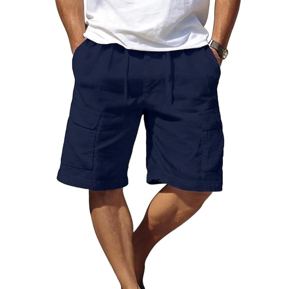 Ecqkame Mens Linen Shorts Loose Lightweight Elastic Waist Drawstring Summer Casual Beach Vacation Shorts with Pockets Navy S