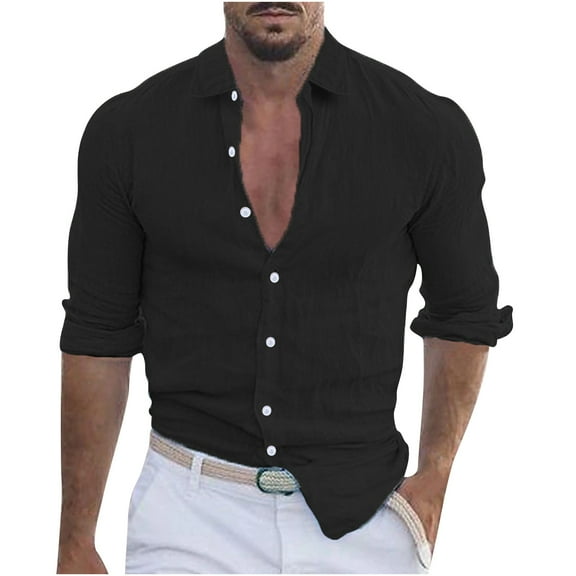 Ecqkame Mens Long Sleeve Shirt Casual Button Up Shirt Beach Fashion Turn-Down Collar Top A-Black S