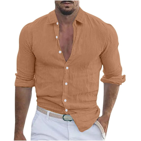 Ecqkame Mens Long Sleeve Shirt Casual Button Up Shirt Beach Fashion Turn-Down Collar Top A-Orange XXL on Clearance