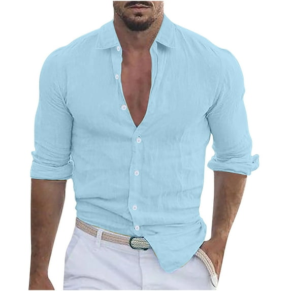 Ecqkame Mens Long Sleeve Shirt Casual Button Up Shirt Beach Fashion Turn-Down Collar Top A-Sky Blue S on Clearance
