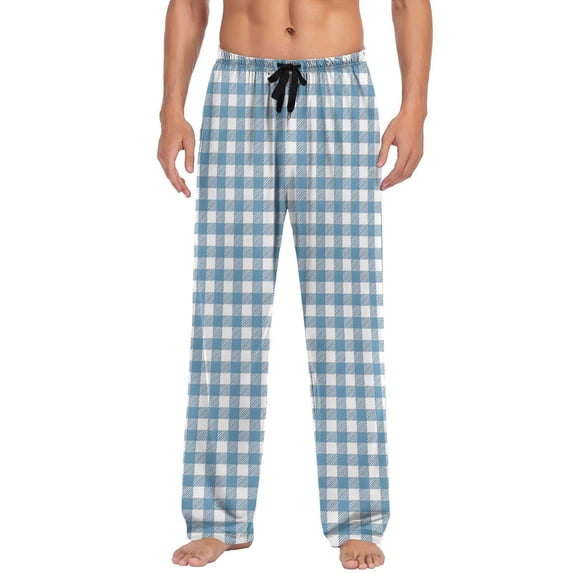 Ecqkame Mens Pajama Pants Plaid Printing Sleep Lounge Bottoms Pant Casual Loose Straight Trousers with Pockets Light Blue XXXL