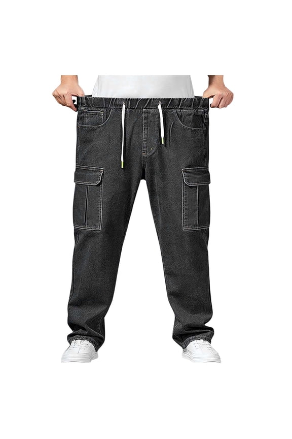 Mens Plus Size Cargo Jeans Elastic Waist Loose Straight Leg Multi-Pocket Denim Pants Casual Versatile Everyday Trousers Black XL
